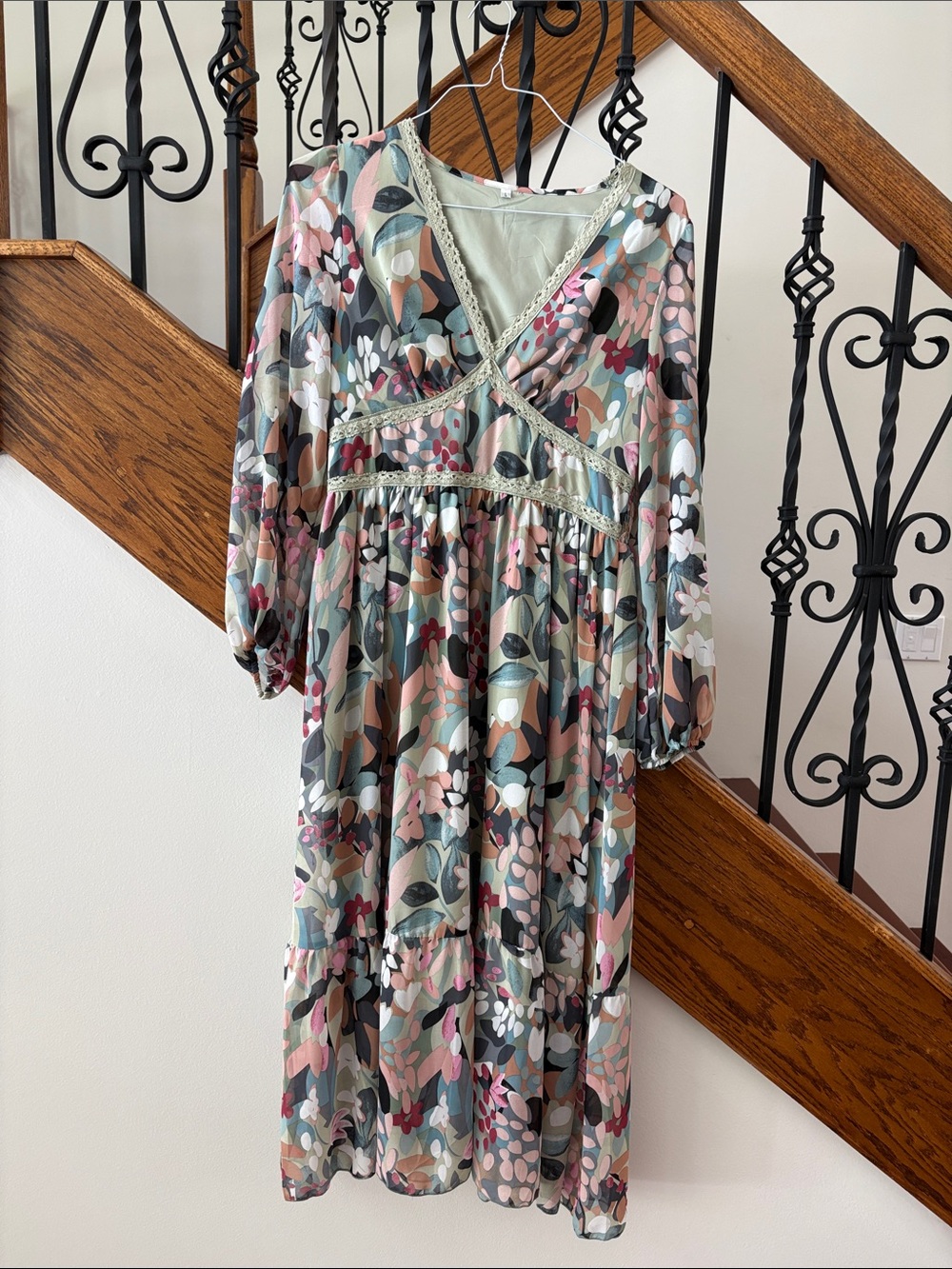 Floral Midi Dress with Lace Trim - Muted Pastel Palette